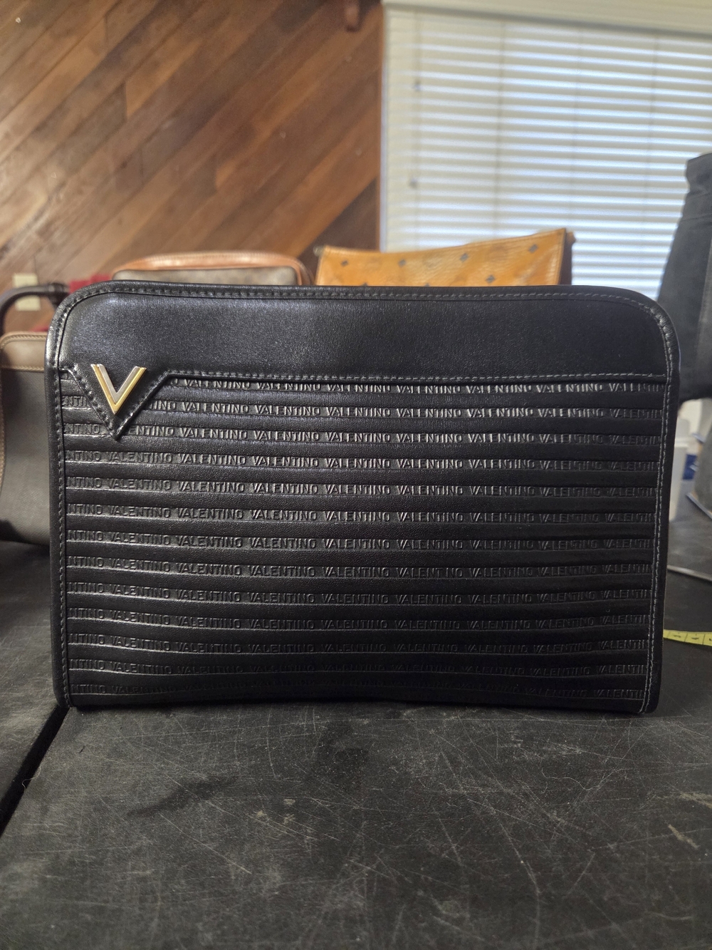 Mario Valentino Black Embossed Leather Clutch Pouch Portfolio Made in Italy